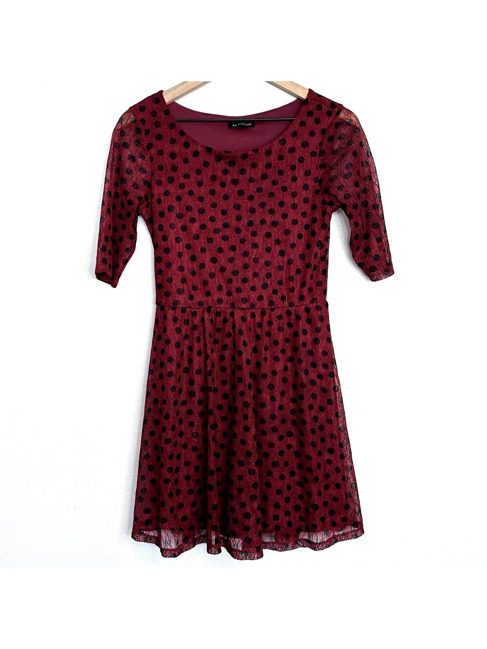 Vintage 90s Y2K As U Wish Mini Dress Sz S Burgundy Black Polka Dot Lace A-Line